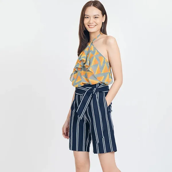 Quần Short Linen Nữ F2 Fashion & Freedom Brighter Day QS60-XST-S-1121 Màu Xanh/Trắng Size S