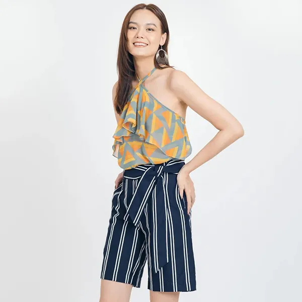 Quần Short Linen Nữ F2 Fashion & Freedom Brighter Day QS60-XST-S-1121 Màu Xanh/Trắng Size S
