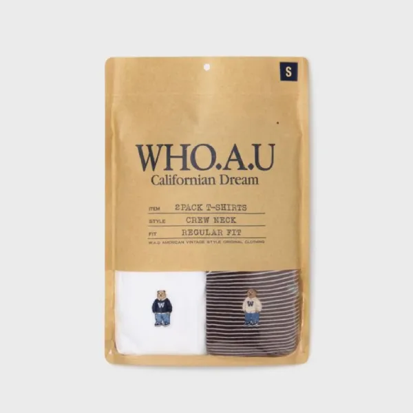 Set 2 Áo Phông WHOAU WHRSG2351U85 Tshirt Màu Trắng - Kẻ Nâu Size S