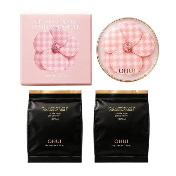 Set Phấn Nước Ohui Ultimate Cover Cushion Moisture Flower Edition 15g (Tặng Kèm 2 Lõi Refill)