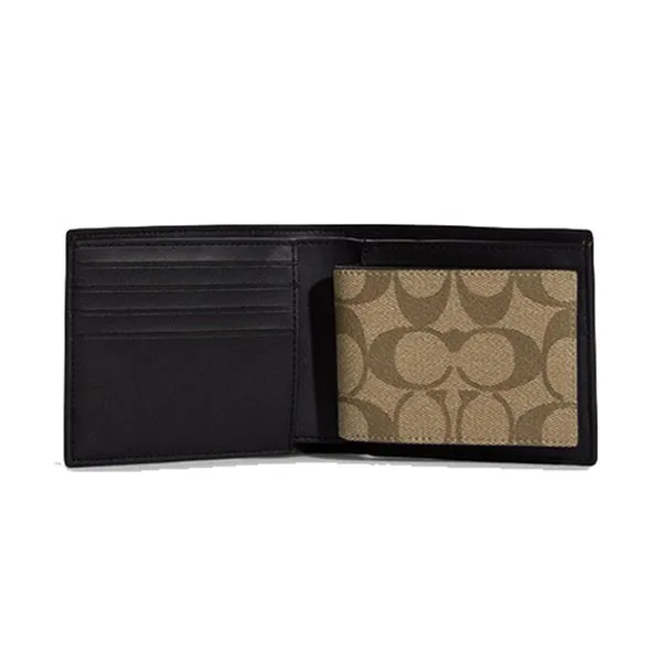 Set Ví Đôi Nam Coach 3 In 1 Wallet In Blocked Signature Canvas CA001 Màu Nâu Đen