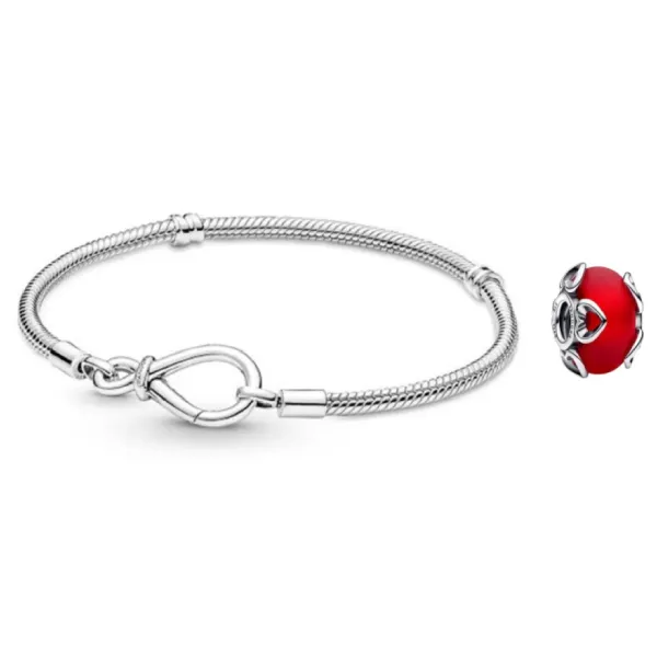 Set Vòng Đeo Tay + Hạt Vòng Charm Pandora Pandora 590792C00 + 792497C01 Màu Đỏ Bạc Size 18