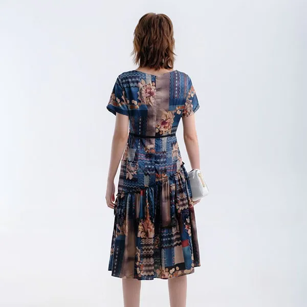 Váy Liền Nữ F2 Fashion & Freedom Blue Brown Silk Dress D341-XN-S-1221 Màu Xanh - Nâu Size S