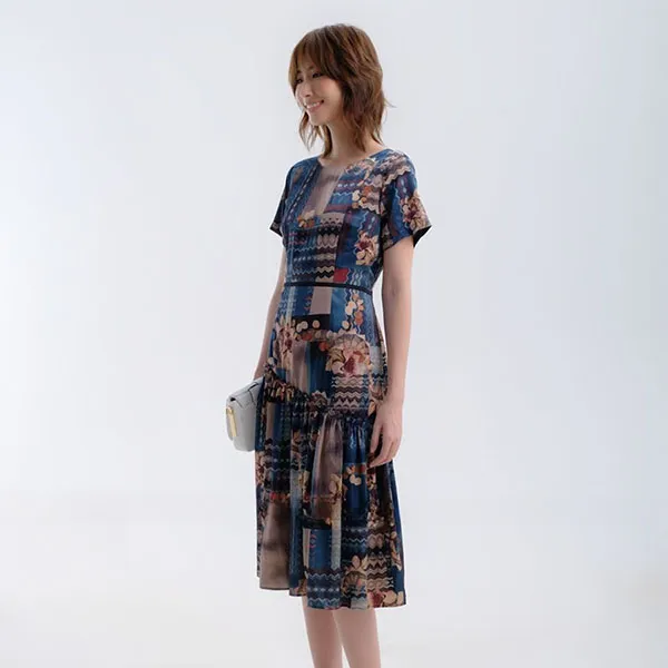 Váy Liền Nữ F2 Fashion & Freedom Blue Brown Silk Dress D341-XN-S-1221 Màu Xanh - Nâu Size S