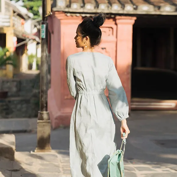 Váy Liền Nữ F2 Fashion & Freedom Modern Meets Heritage Blue Linen Dress D450-X-S-0620 Màu Xanh Blue Size S