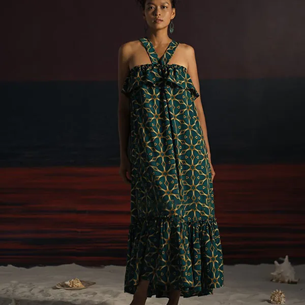 Váy Maxi Cổ Yếm Nữ F2 Fashion & Freedom Summer Get Away D639-XH-S-0722 Màu Xanh Họa Tiết Size S