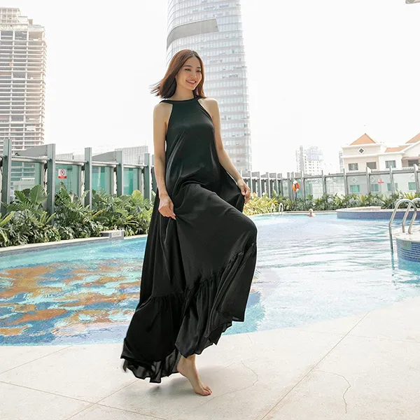 Váy Maxi Nữ F2 Fashion & Freedom De Soleil Black Silk Dress For Women DT-D706-D-S-0423 Màu Đen Size S