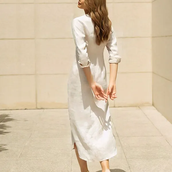 Váy Midi Cổ Tim F2 Fashion & Freedom Linen D379-T-S-0919 Màu Trắng Size S