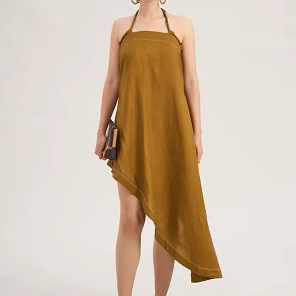 Váy Midi Cổ Yếm F2 Fashion & Freedom Linen Chocolate Fall In Love DT-D677-VN-S-1122 Màu Vàng Nâu Size S