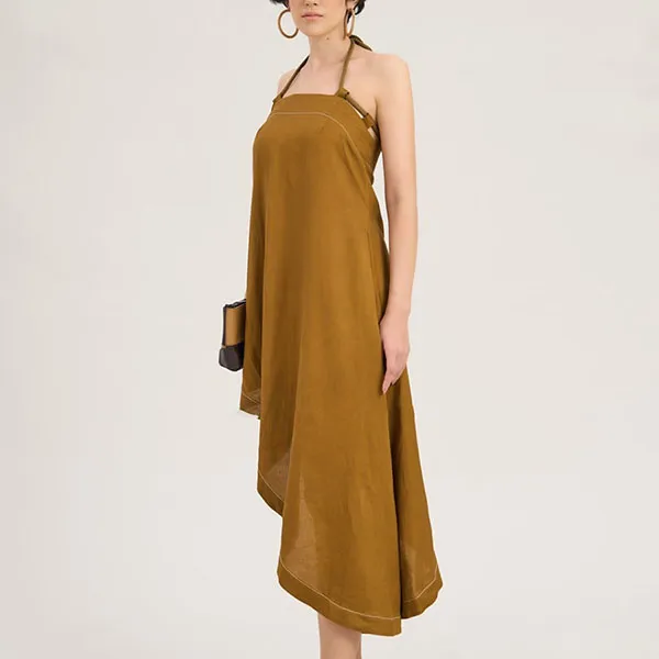 Váy Midi Cổ Yếm F2 Fashion & Freedom Linen Chocolate Fall In Love DT-D677-VN-S-1122 Màu Vàng Nâu Size S