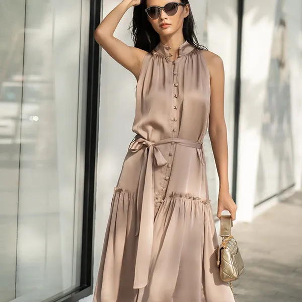 Váy Midi Cổ Yếm F2 Fashion & Freedom Lụa D416-B-S-0822 Màu Be Nâu Size S