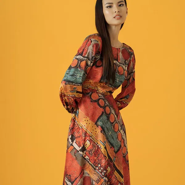 Váy Midi Nữ F2 Fashion & Freedom Lụa Fly Sky D376-DC-S-0421 Màu Cam Họa Tiết Size S