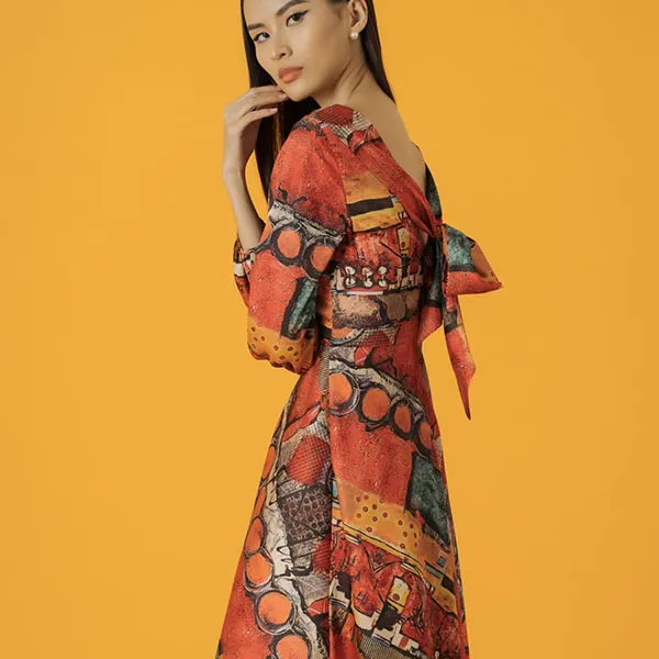 Váy Midi Nữ F2 Fashion & Freedom Lụa Fly Sky D376-DC-S-0421 Màu Cam Họa Tiết Size S