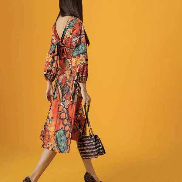 Váy Midi Nữ F2 Fashion & Freedom Lụa Fly Sky D376-DC-S-0421 Màu Cam Họa Tiết Size S