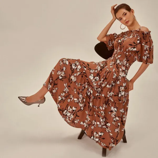 Váy Nữ F2 Fashion & Freedom Fly Sky Silk Dress D512-NH-S-0721 Màu Nâu Hoa Size S