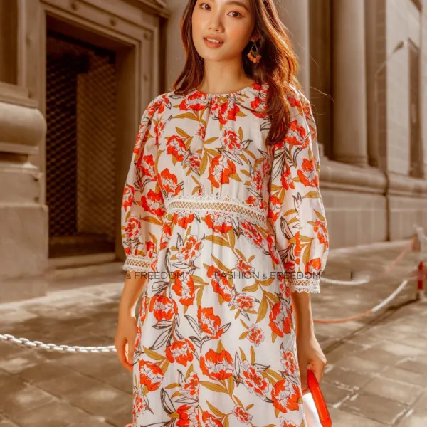 Váy Nữ F2 Fashion & Freedom Linen Autumn Charm D620-CH-S-0822 Màu Cam Hoa Size S
