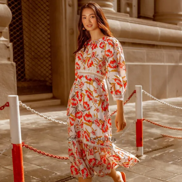Váy Nữ F2 Fashion & Freedom Linen Autumn Charm D620-CH-S-0822 Màu Cam Hoa Size S