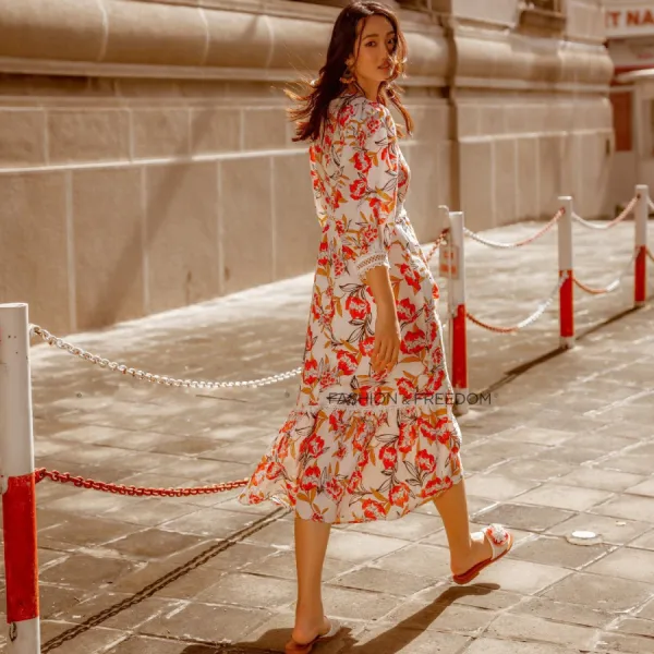 Váy Nữ F2 Fashion & Freedom Linen Autumn Charm D620-CH-S-0822 Màu Cam Hoa Size S