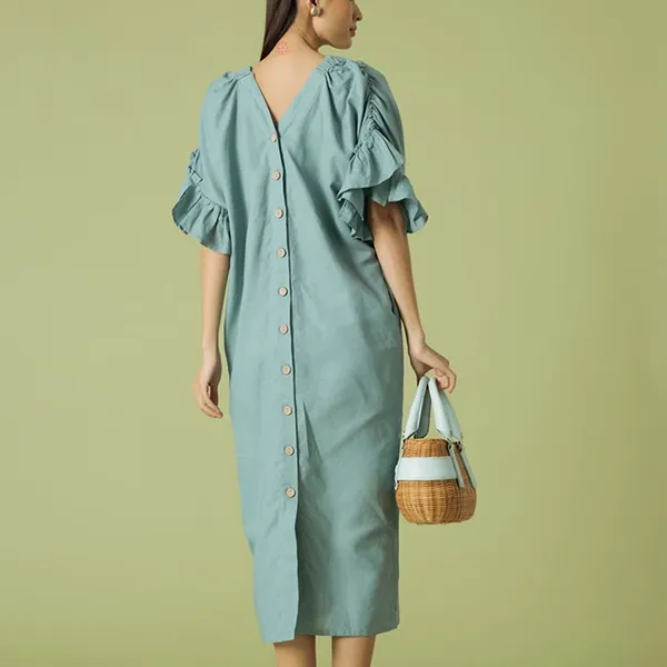 Váy Suông F2 Fashion & Freedom Become Discover Blue Linen Dress D497-X-S-0321 Màu Xanh Blue Size S