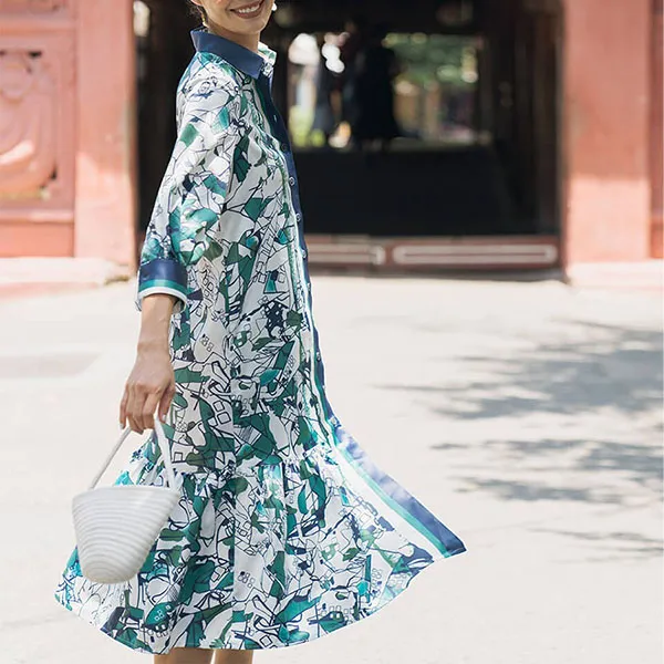 Váy Suông Hai Dây F2 Fashion & Freedom Lụa Modern Meets Heritage D418-TX-S-0519 Màu Xanh Họa Tiết Size S