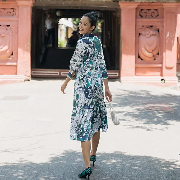 Váy Suông Hai Dây F2 Fashion & Freedom Lụa Modern Meets Heritage D418-TX-S-0519 Màu Xanh Họa Tiết Size S