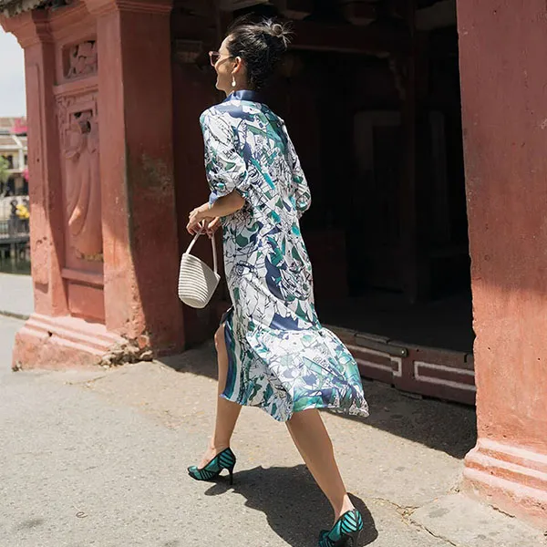 Váy Suông Hai Dây F2 Fashion & Freedom Lụa Modern Meets Heritage D418-TX-S-0519 Màu Xanh Họa Tiết Size S
