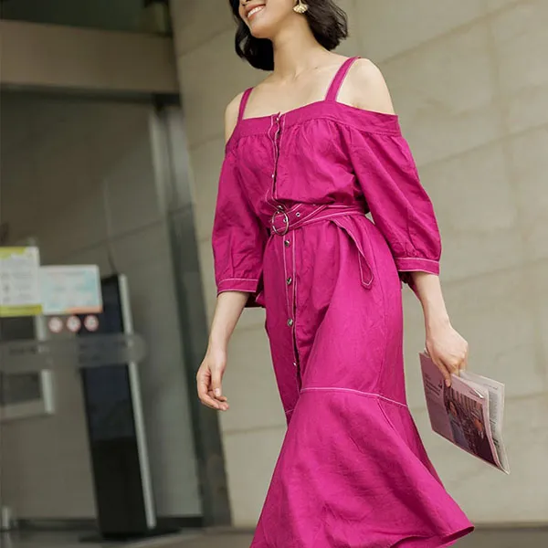 Váy Trễ Vai F2 Fashion & Freedom Linen New Tune D420-T-S-0720 Màu Tím Size S