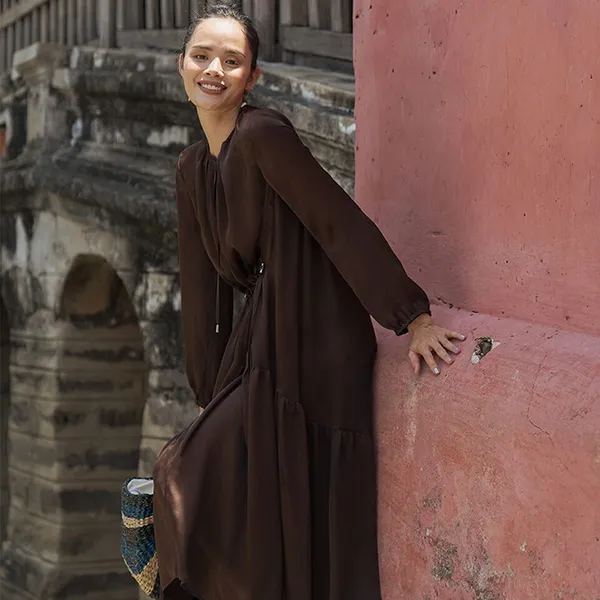 Váy Xòe Nữ F2 Fashion & Freedom Modern Meets Heritage Brown Silk Dress D430-ND-S-0620 Màu Nâu Size S
