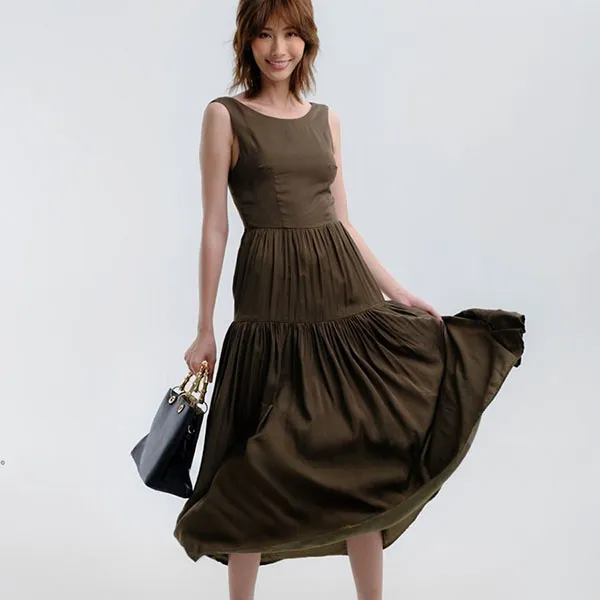 Váy Xòe Nữ F2 Fashion & Freedom Summer Fragrance Moss Green Silk Dress D568-R-S-0322 Màu Xanh Rêu Size S