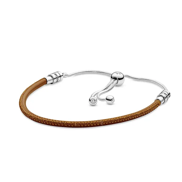 Vòng Đeo Tay Pandora Tan Leather Sliding Bolo Bracelet 597225CGT Màu Bạc/Nâu