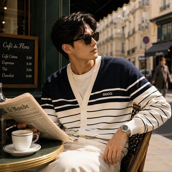 Áo Cardigan Nam Gucci 814877 XKEJ9 9214 Màu Trắng Sọc Xanh Đen Size S