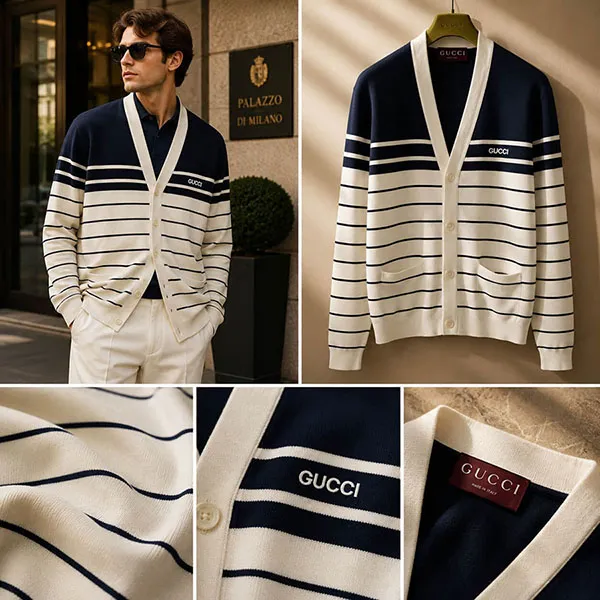Áo Cardigan Nam Gucci 814877 XKEJ9 9214 Màu Trắng Sọc Xanh Đen Size S