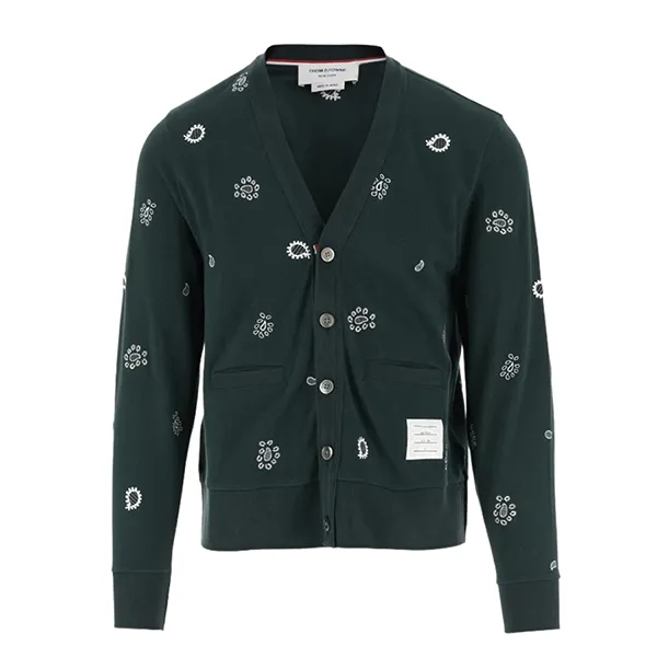 Áo Cardigan Nam Thom Browne Classic Piqué All-Over Paisley Embroidery V-Neck MJT402E J0089 Màu Xanh Lá Size 1