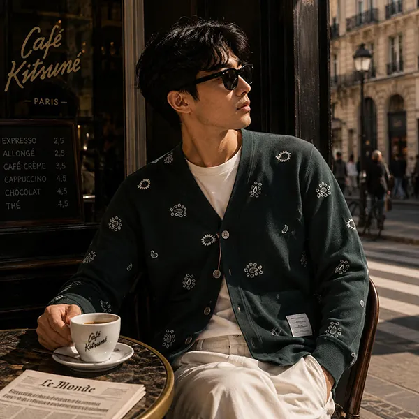 Áo Cardigan Nam Thom Browne Classic Piqué All-Over Paisley Embroidery V-Neck MJT402E J0089 Màu Xanh Lá Size 1