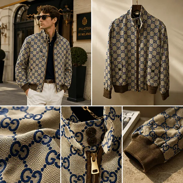 Áo Khoác Nam Gucci Mono Pattern Jacket With Blue Lettering 774128 Z8BEB 2461 Màu Be Xanh Size 48