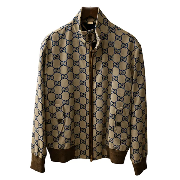 Áo Khoác Nam Gucci Mono Pattern Jacket With Blue Lettering 774128 Z8BEB 2461 Màu Be Xanh Size 48