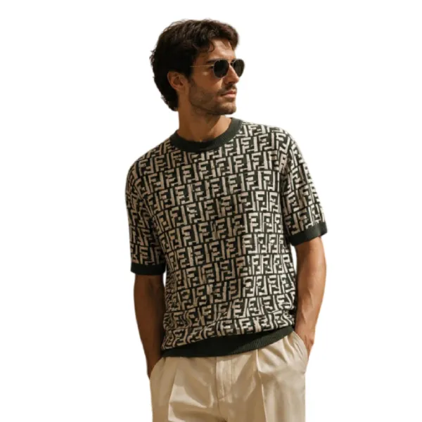 Áo Len Nam Fendi FF Logo Wool Short Sleeve FZX051 AF85 F1MTQ Màu Xanh Green Size 44