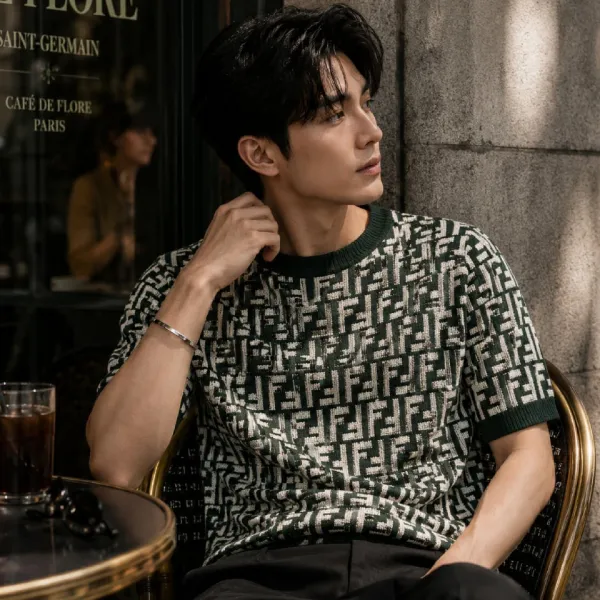 Áo Len Nam Fendi FF Logo Wool Short Sleeve FZX051 AF85 F1MTQ Màu Xanh Green Size 44