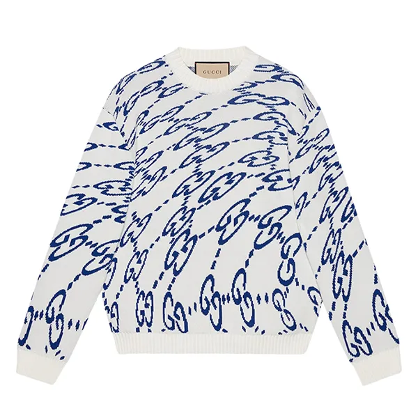 Áo Len Nam Gucci Wavy GG Cotton Sweater 780637 XKDZF 9071 Màu Trắng/Xanh Size S