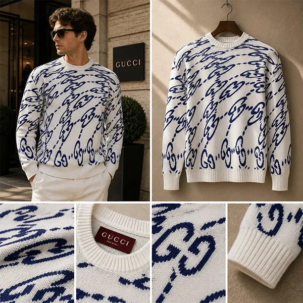 Áo Len Nam Gucci Wavy GG Cotton Sweater 780637 XKDZF 9071 Màu Trắng/Xanh Size S