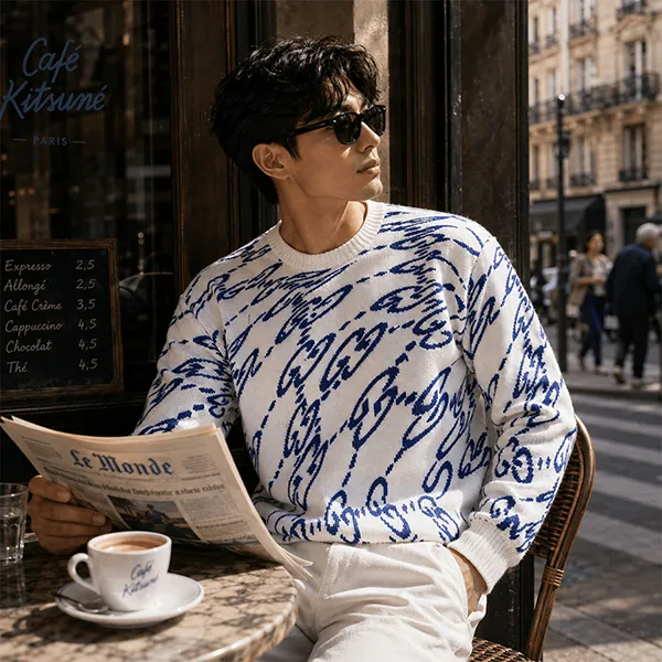 Áo Len Nam Gucci Wavy GG Cotton Sweater 780637 XKDZF 9071 Màu Trắng/Xanh Size S