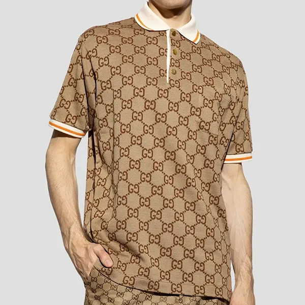Áo Polo Nam Gucci Beige With GG Logo Printed 742384 XJFGU 2270 Màu Nâu Be Size S