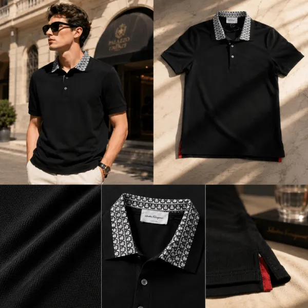 Áo Polo Nam Salvatore Ferragamo Black Check-Collar CP73126 Màu Đen Size XS