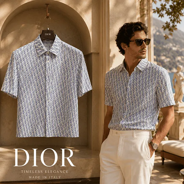 Áo Sơ Mi Nam Dior Blue Shirt With Multiple Letters 193C545A5872 503 Màu Xanh Blue Size 39