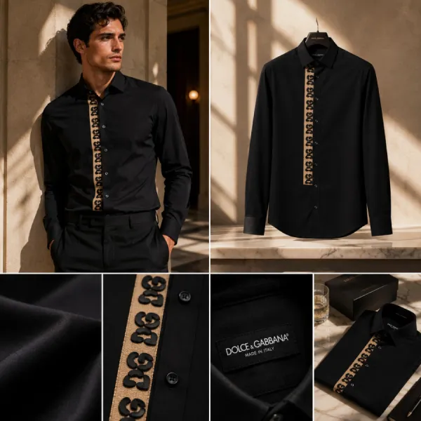 Áo Sơ Mi Nam Dolce & Gabbana D&G Black Shirt With Vertical Martini Lettering G5EJ1T GH450 Màu Đen Size 39