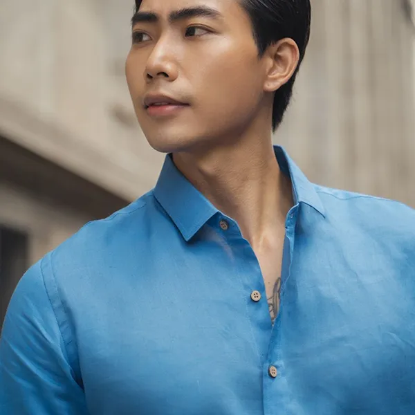 Áo Sơ Mi Nam F2 Fashion & Freedom Men's Blue Linen Shirt New Breeze SMM189-XB-S-0619 Màu Xanh Blue Size S