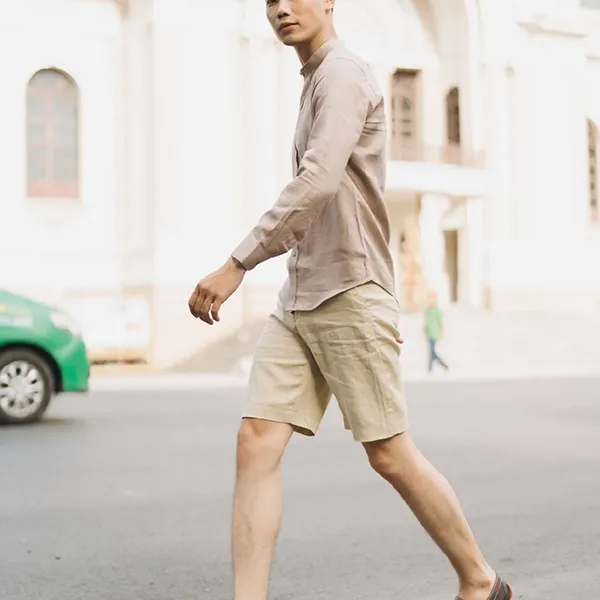 Áo Sơ Mi Nam F2 Fashion & Freedom Men's Linen Shirt With Mandarin Collar SMM164-R-S-0619 Màu Ruốc Nhạt Size S