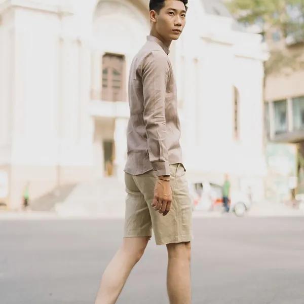 Áo Sơ Mi Nam F2 Fashion & Freedom Men's Linen Shirt With Mandarin Collar SMM164-R-S-0619 Màu Ruốc Nhạt Size S