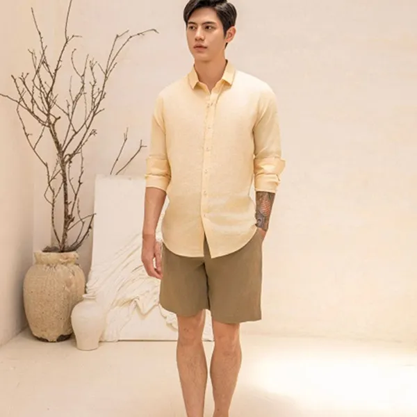 Áo Sơ Mi Nam F2 Fashion & Freedom Men's Yellow Linen Shirt SMM148-V1-S-0619 Màu Vàng Size S