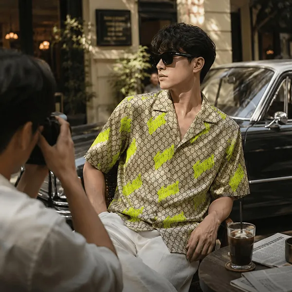 Áo Sơ Mi Nam Gucci Shirt With Multiple Letters 794907 ZATLJ 2017 Màu Xám Xanh Lá Size 44